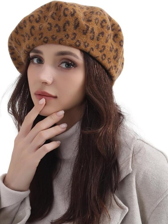 Women\'s Classic Wool Leopard French Painter Beret Hats Leopard Print Brown main image 4